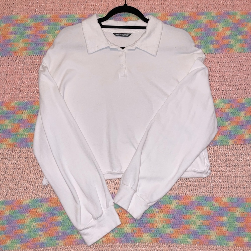 Shein Long Sleeve White Polo Button Crop Top